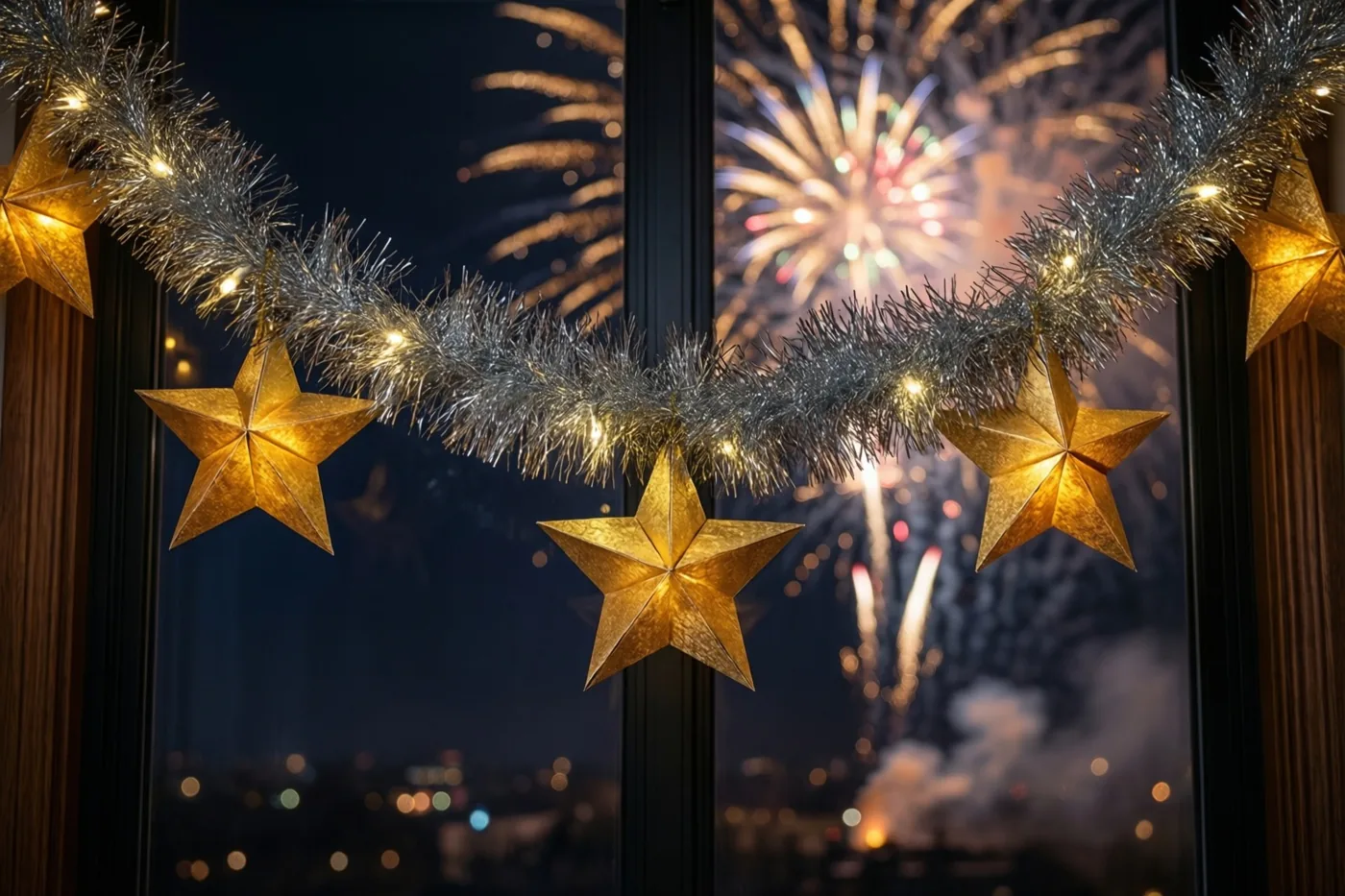 Een zilveren slinger met oplichtende gouden papieren sterren hangt voor een raam met uitzicht op kleurrijk vuurwerk aan een donkerblauwe nachthemel.