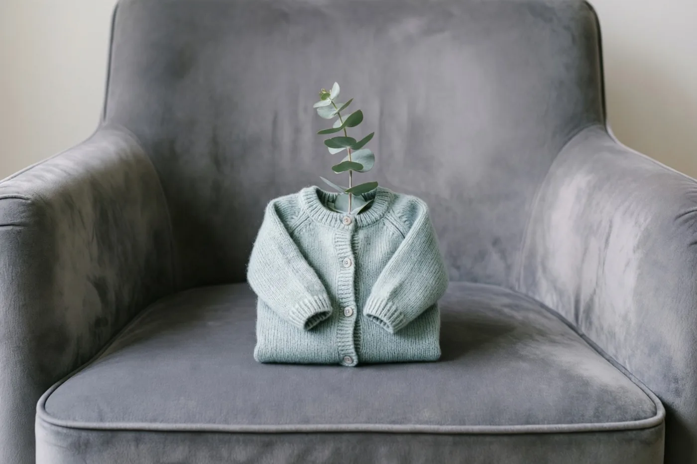 Een opgevouwen lichtgroen gebreid babyvestje ligt op de zitting van een grijze fluwelen fauteuil, met een takje eucalyptus dat uit de halsopening steekt.