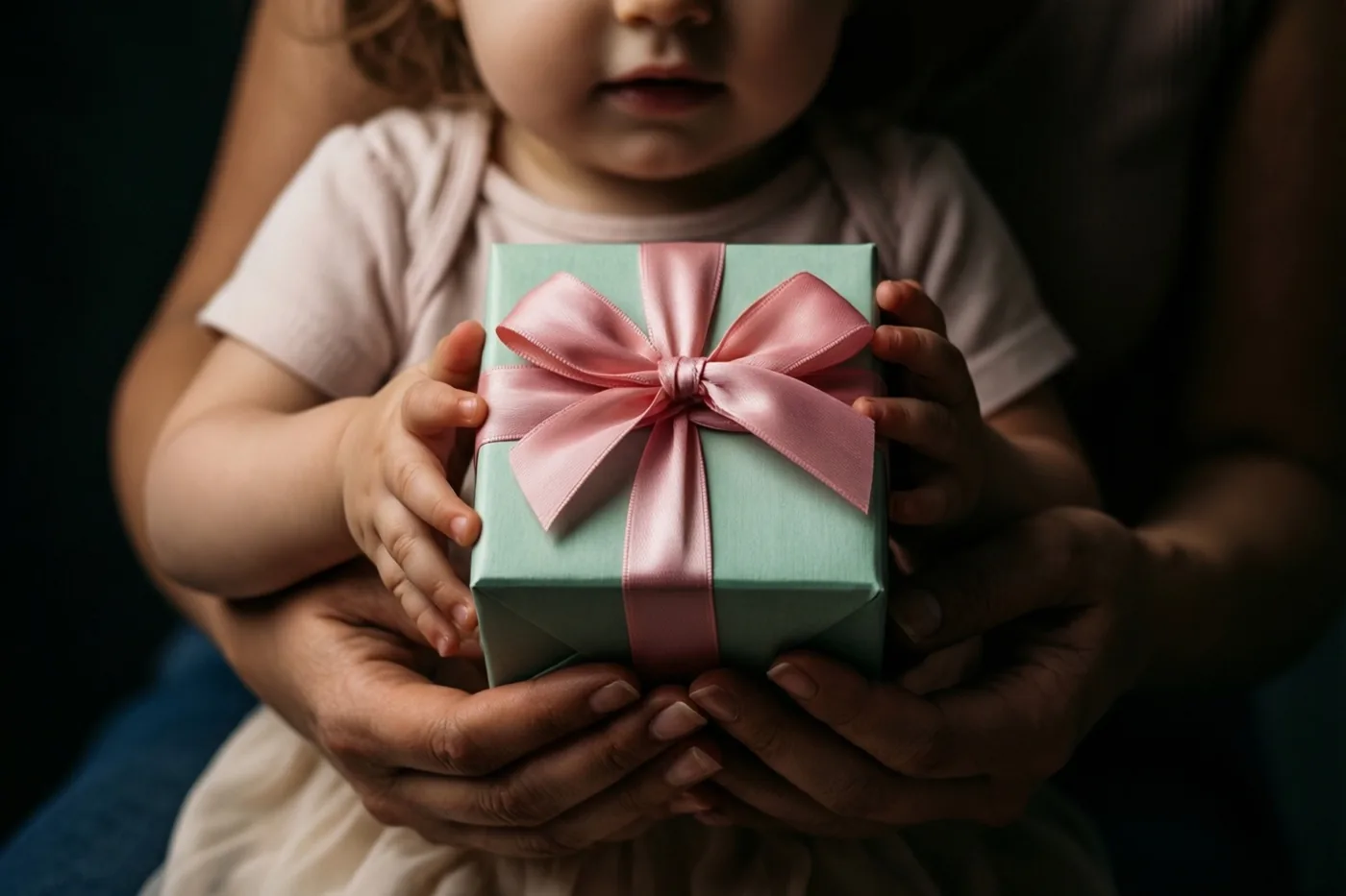 Een jong kind houdt een klein cadeau in lichtgroen papier met een roze strik voor de handen van een volwassene, tegen een donkere achtergrond.