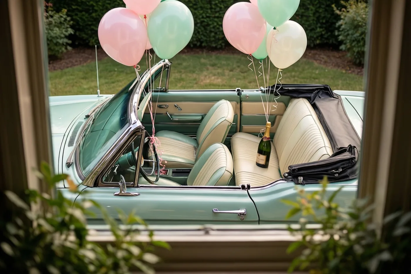 Door een raam is een lichtgroene oude cabrio te zien, versierd met roze en mintgroene ballonnen en met een fles champagne op de achterbank, tegen een groene buitenachtergrond.