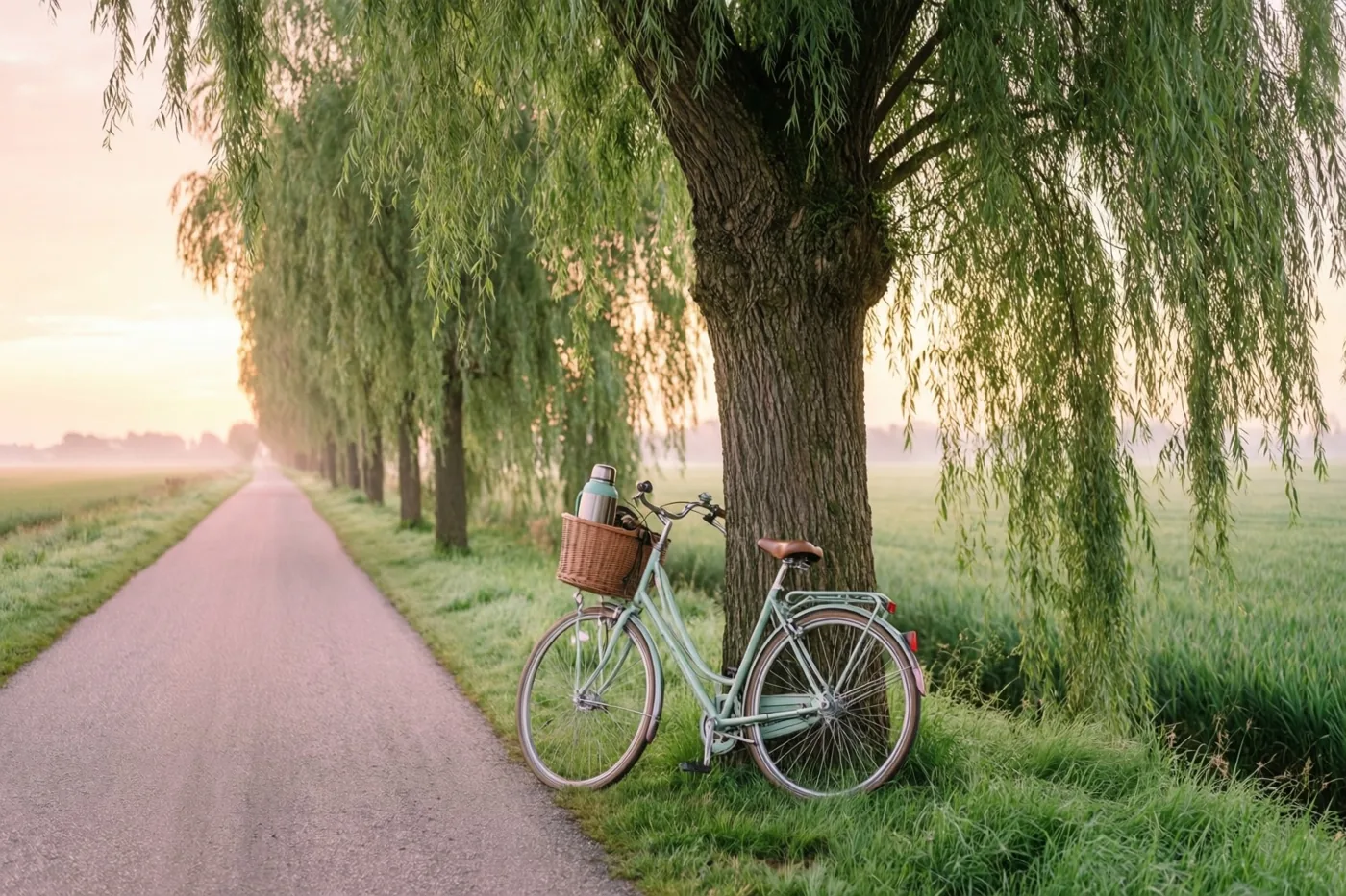 Een lichtgroene fiets met een thermos in een rieten mand leunt tegen een grote wilg aan een verharde polderweg, met groen gras en een nevelige horizon bij zonsopgang.