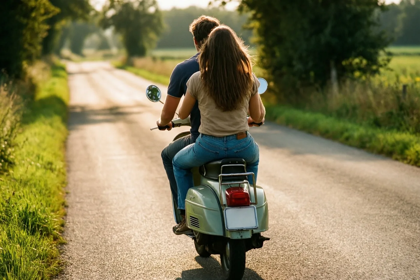 Twee vrienden rijden op een oude lichtgroene scooter over een verharde landweg tussen gras en bomen, van achteren gezien in goudkleurig zonlicht.