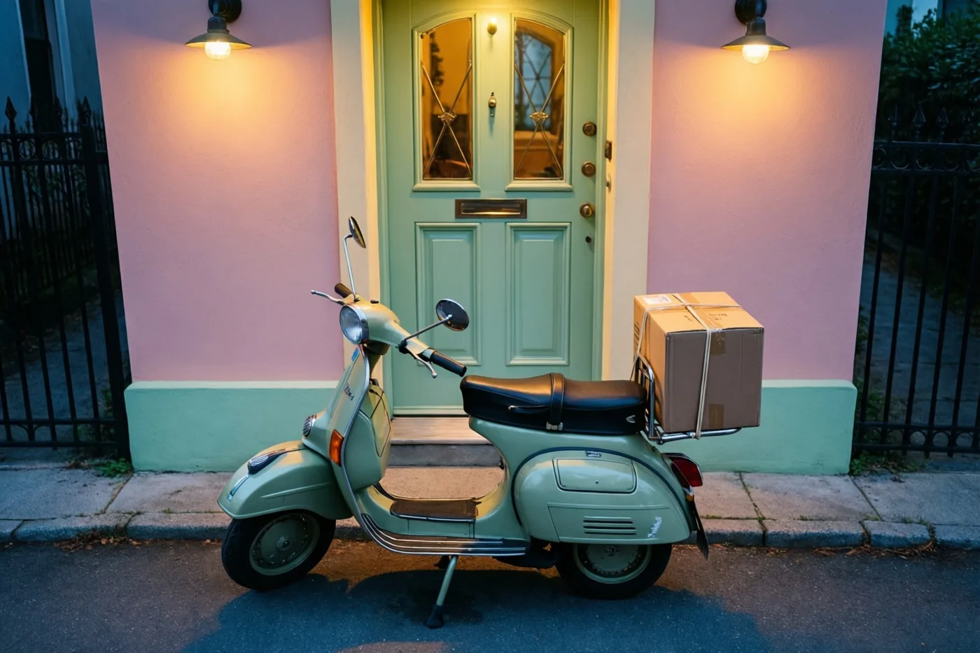 Een oude lichtgroene scooter met een kartonnen verhuisdoos op de bagagedrager staat bij schemering voor een pastelroze huis met een lichtgroene deur en warme buitenlampen.