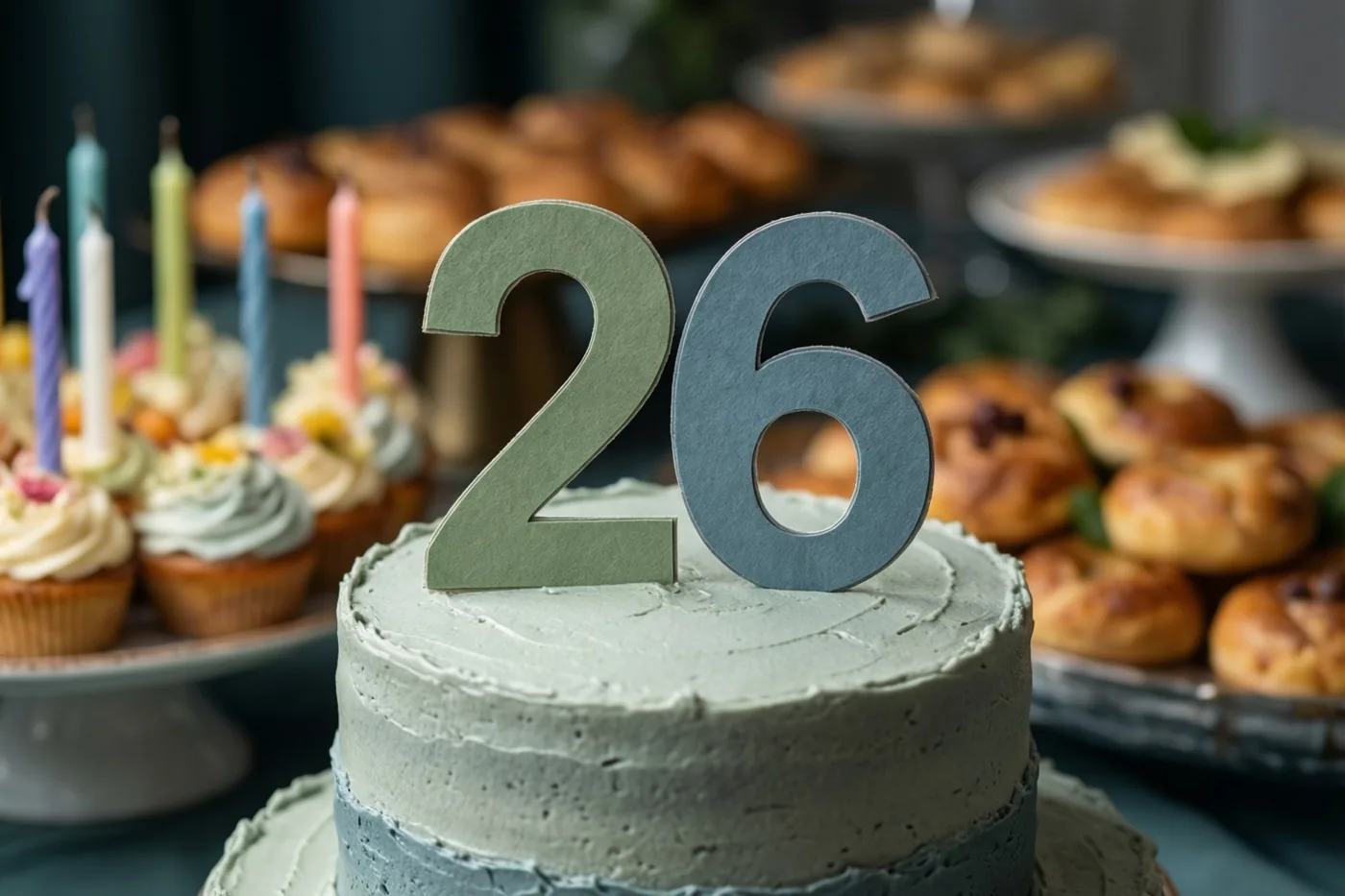 Een stapeltaart met lichtgroen glazuur en een papieren versiering met 26 staat op een feestelijke buffettafel met cupcakes en gebakjes op de achtergrond.