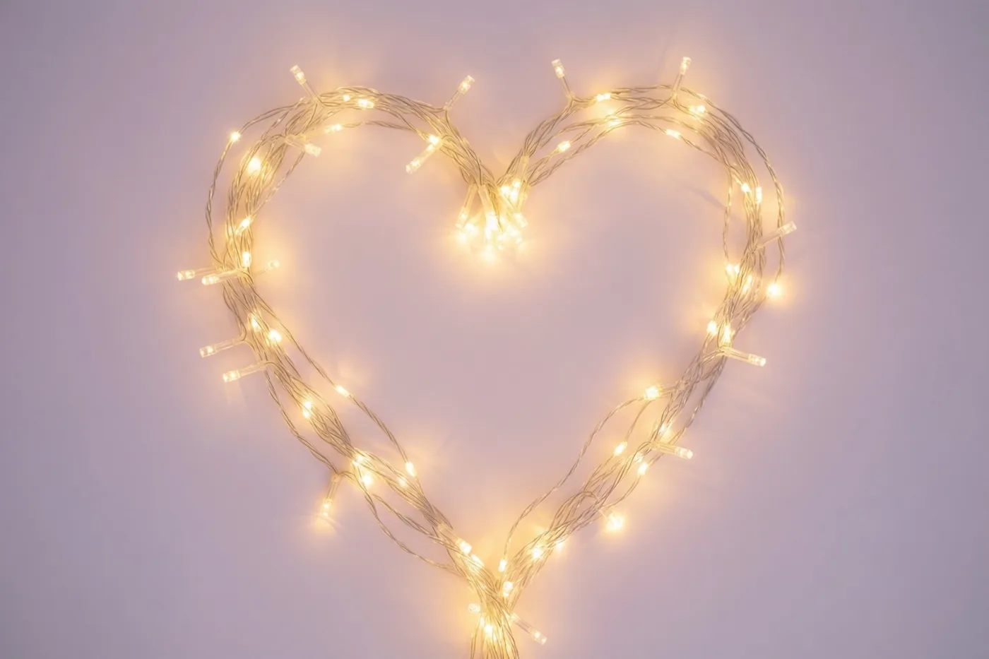 Gloeiende lichtjes vormen een hart tegen een zachte lavendelkleurige achtergrond, in gele en lichtpaarse tinten.
