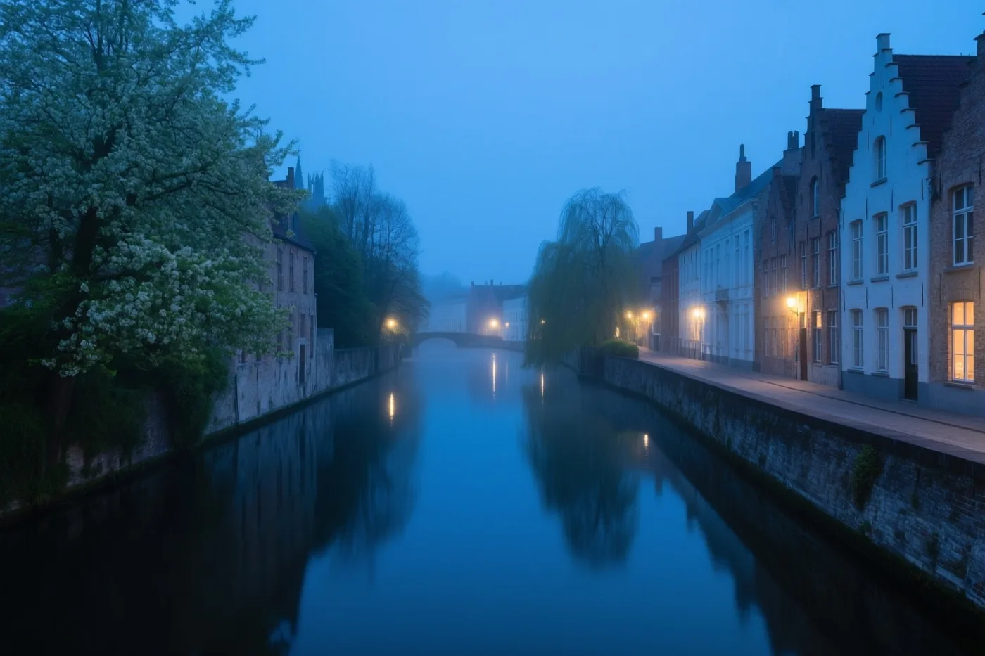 Warme straatlampen en een verlicht raam weerspiegelen in een rustige gracht tussen historische gebouwen en bloeiende bomen onder een nevelige blauwe ochtendlucht.