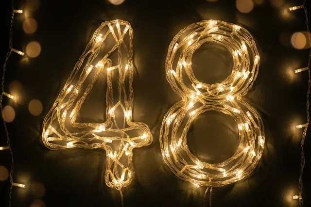 Warme lichtjes vormen het getal 48 tegen een donkere muur, met onscherpe lichtjes op de achtergrond.