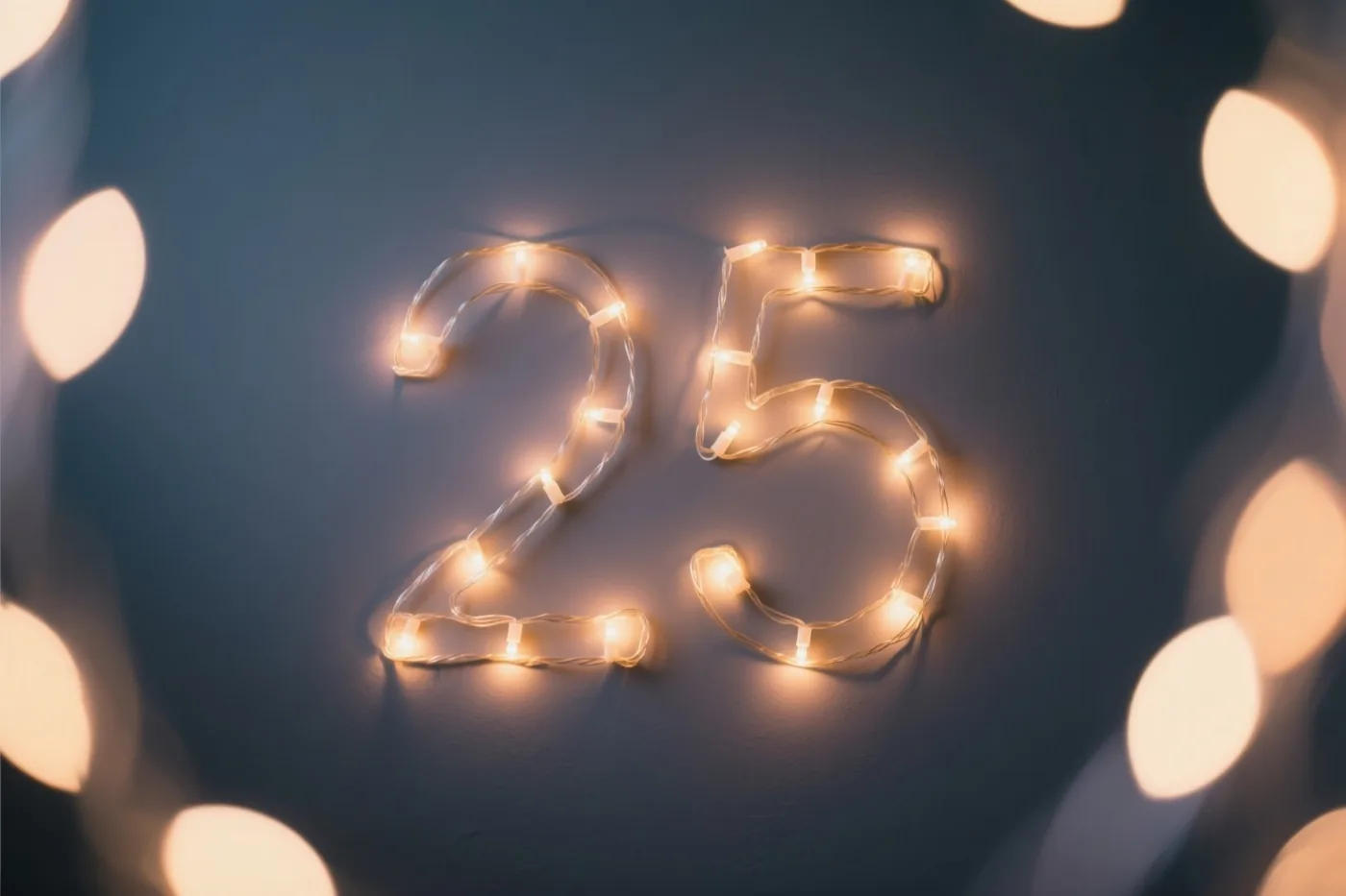 Warme lichtjes vormen 25 op een donkere muur, omringd door onscherpe feestlichtjes.