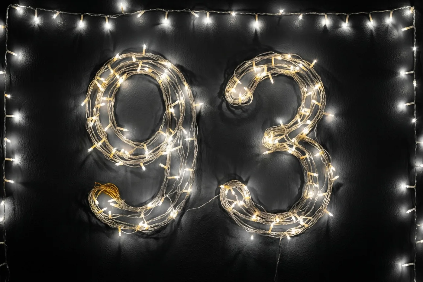 Warme lichtjes vormen 93 op een donkere muur met structuur, omringd door een rand van extra lichtjes.