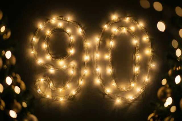Warme lichtjes vormen het getal 90 tegen een donkere muur, met onscherpe feestlichtjes op de achtergrond.