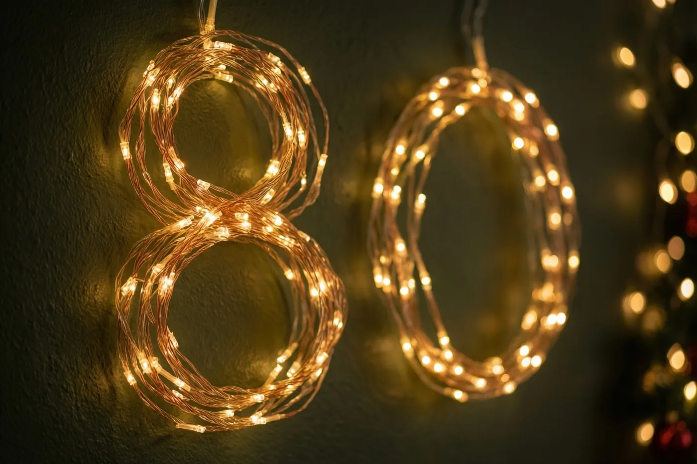 Warme lichtjes vormen het getal 80 tegen een donkere muur met textuur, met zachte, onscherpe lichtvlekken op de achtergrond.