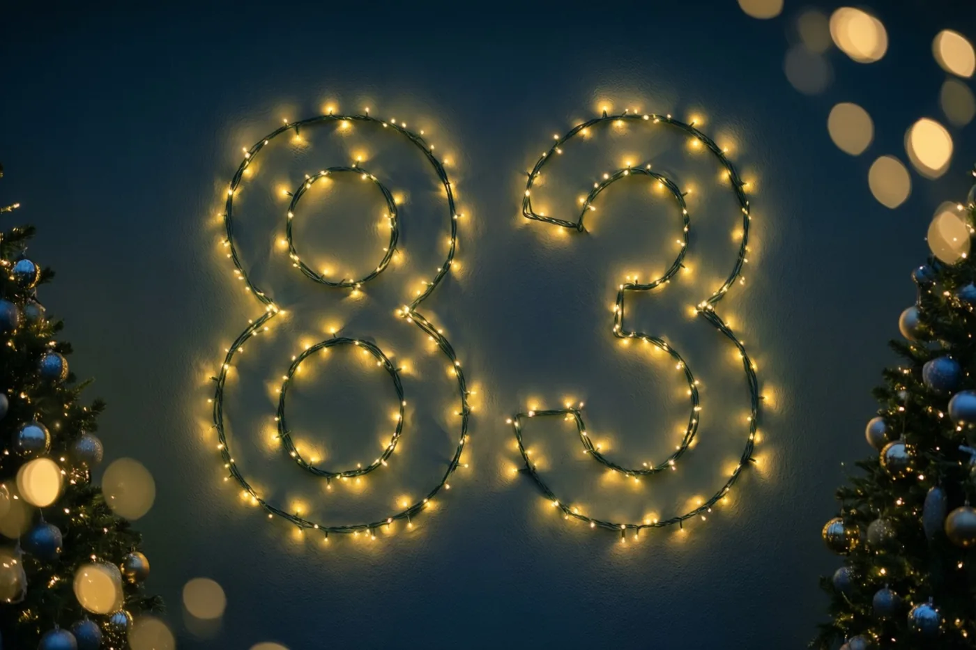 Warme gele lichtjes vormen 83 tegen een donkerblauwe achtergrond, met aan weerszijden onscherpe kerstbomen met versiering.