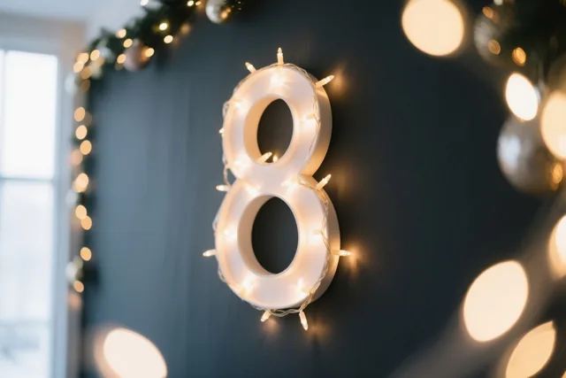 Een 8 van warme lichtjes hangt aan een donkergrijze muur, omringd door onscherpe gele en witte feestlichtjes en een groene slinger.