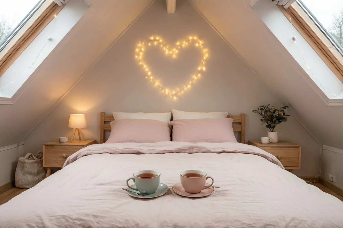 Twee kopjes thee staan op een bed onder een hartvormig lichtsnoer aan de schuine wand van een zolderkamer in roze, beige en houttinten.