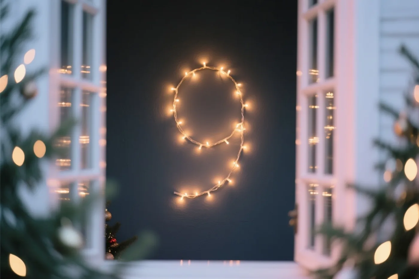 Een 9 van warme lichtjes hangt op een donkere muur, omkaderd door witte raamruiten en onscherpe lichtjes van een kerstboom in gouden en donkerblauwe tinten.