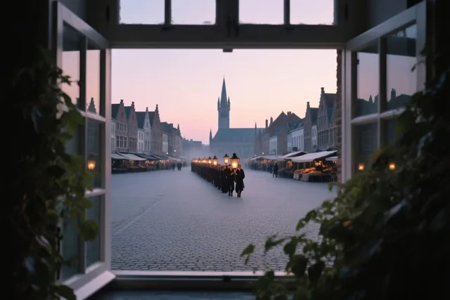 Door een open raam zie je een lantaarnstoet over een marktplein met kasseien naar een verre kerktoren trekken, in paarse en grijze schemertinten.