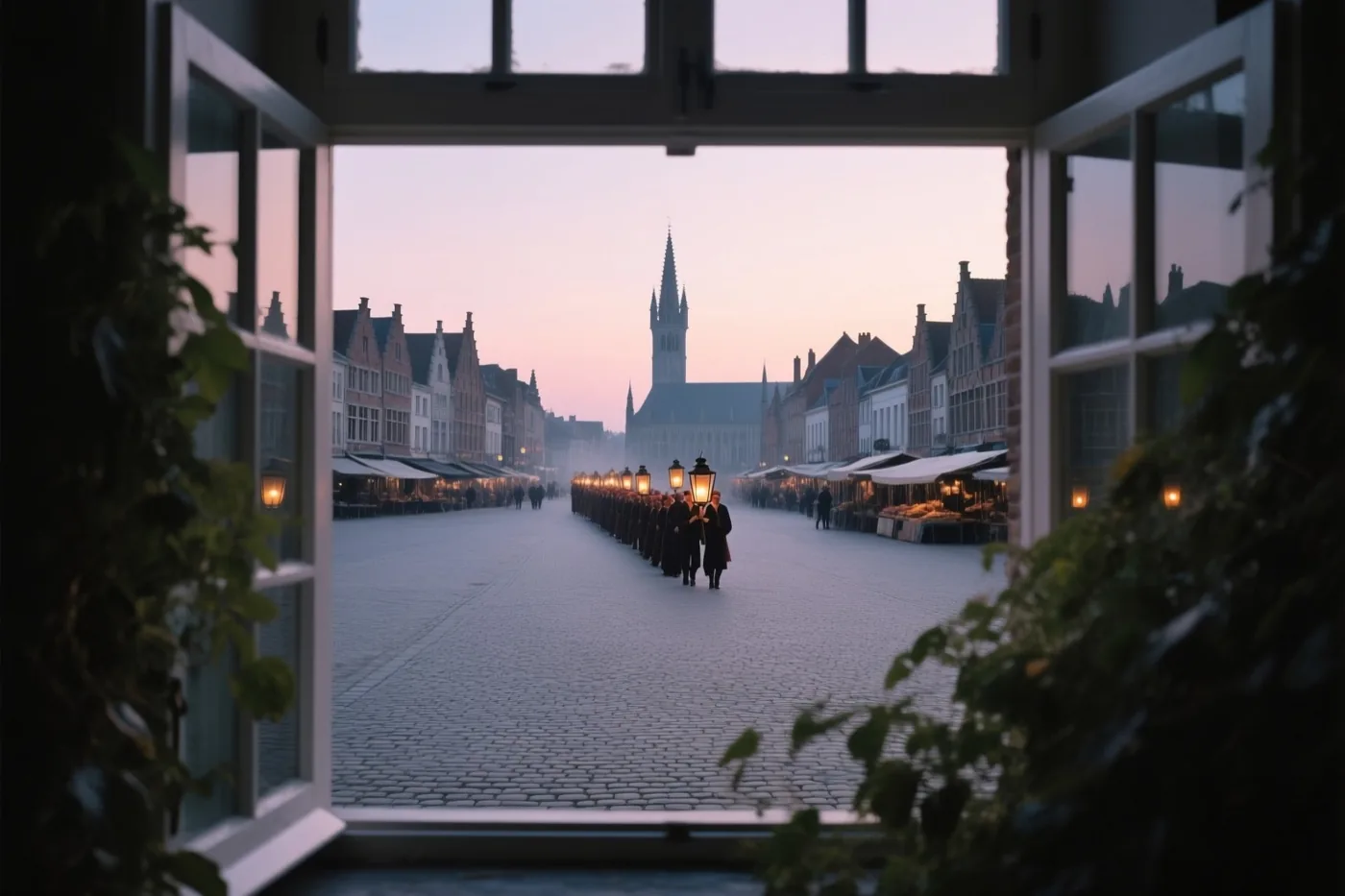 Door een open raam zie je een lantaarnstoet over een marktplein met kasseien naar een verre kerktoren trekken, in paarse en grijze schemertinten.