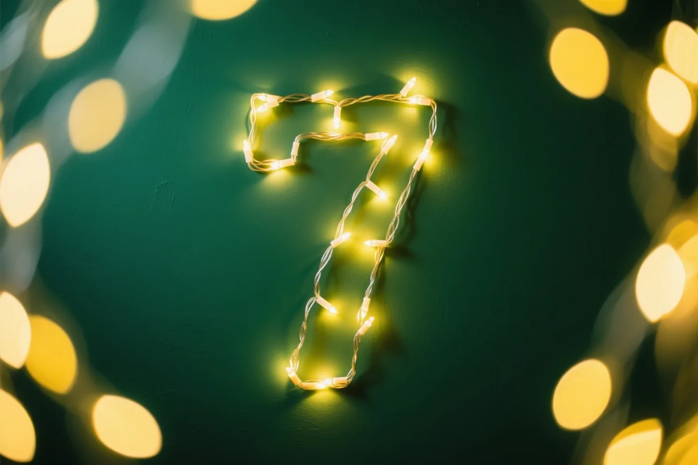 Een 7 van warme lichtjes hangt tegen een donkergroene muur, met onscherpe feestlichtjes rondom.