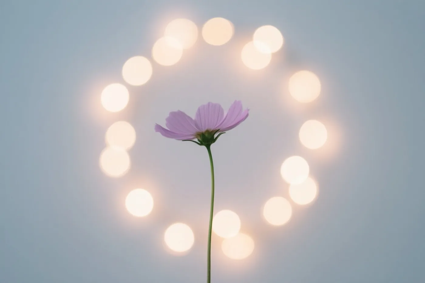 Een lichtpaarse bloem op een groene steel staat voor een cirkel van wazige warme lichtjes tegen een lichtblauwe achtergrond.