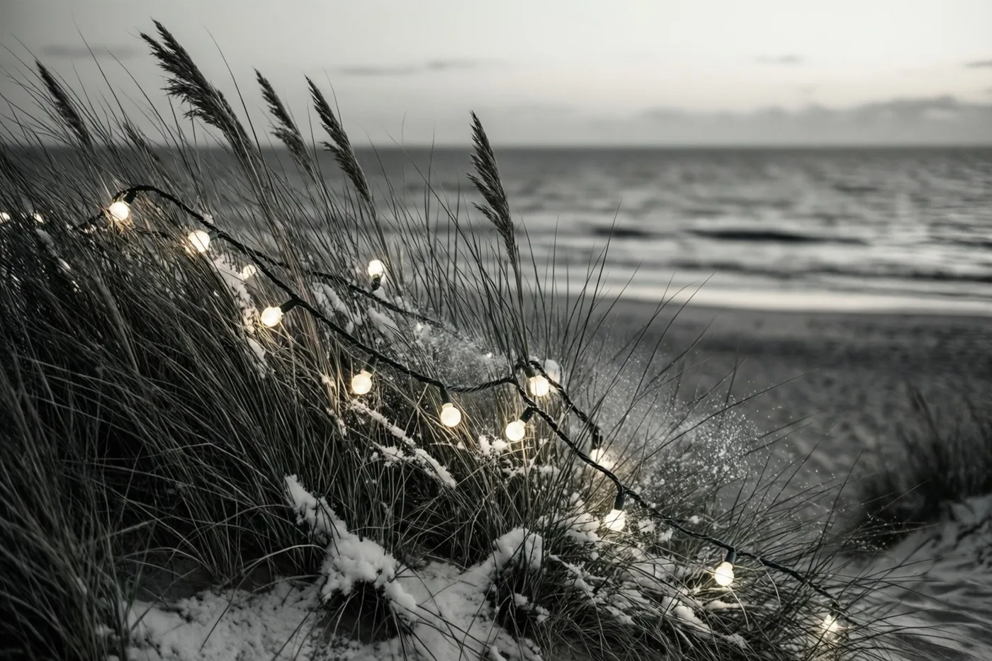 Een gloeiende lichtslinger slingert door helmgras met een laagje sneeuw op een strandduin bij schemering, met de zee onder een bewolkte lucht erachter.