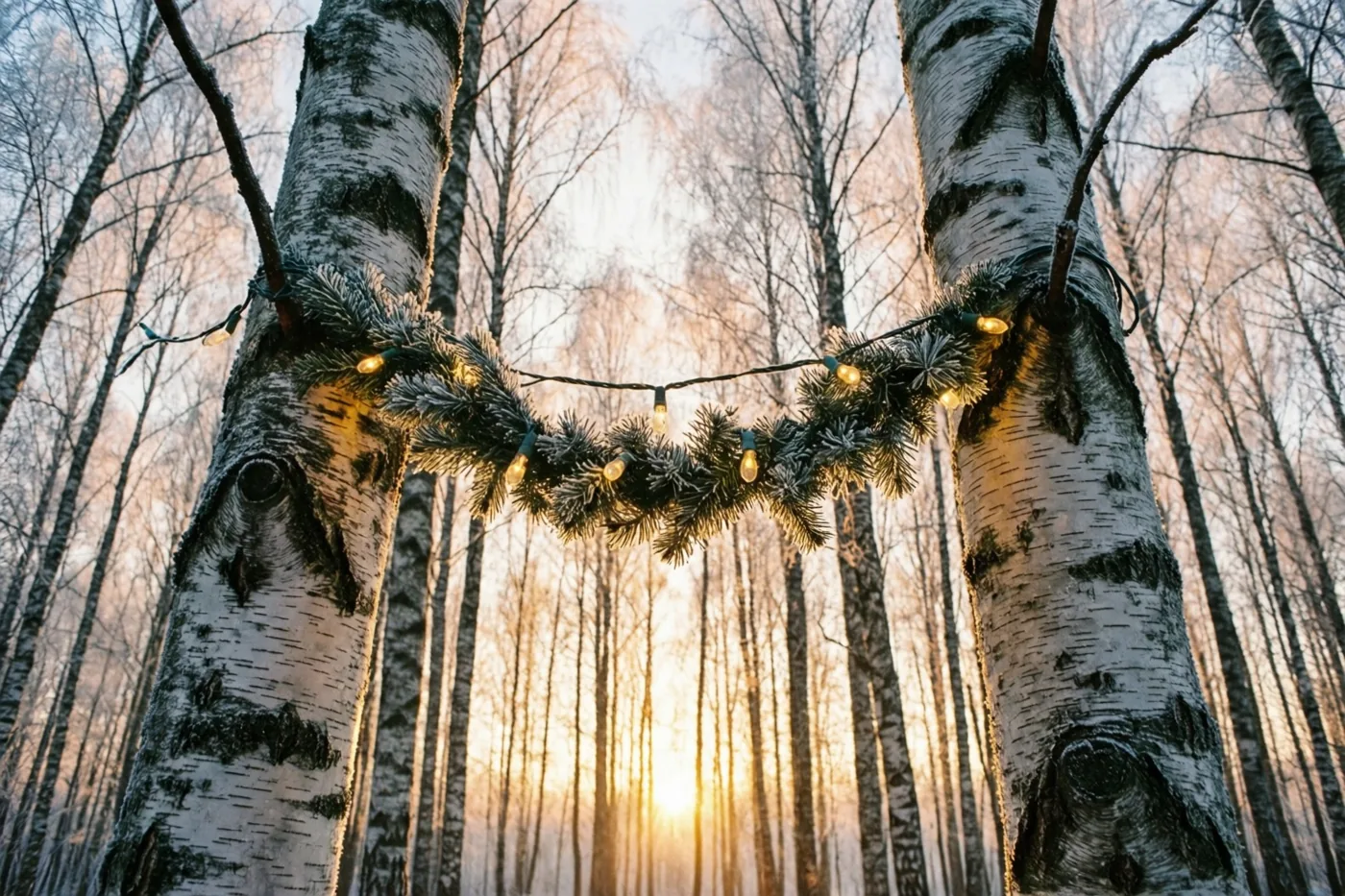 Een brandende lichtslinger hangt tussen twee berkenstammen in een besneeuwd bos, met goudkleurig licht van de opkomende zon achter de bomen.