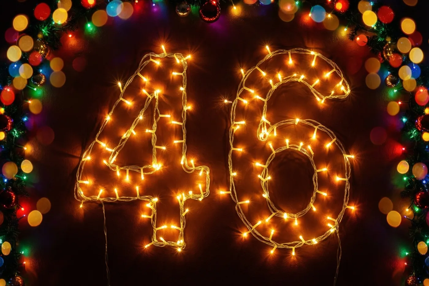 Warme lichtslingers vormen het getal 46 tegen een donkere muur, omringd door onscherpe lichtjes in goud, rood en groen.