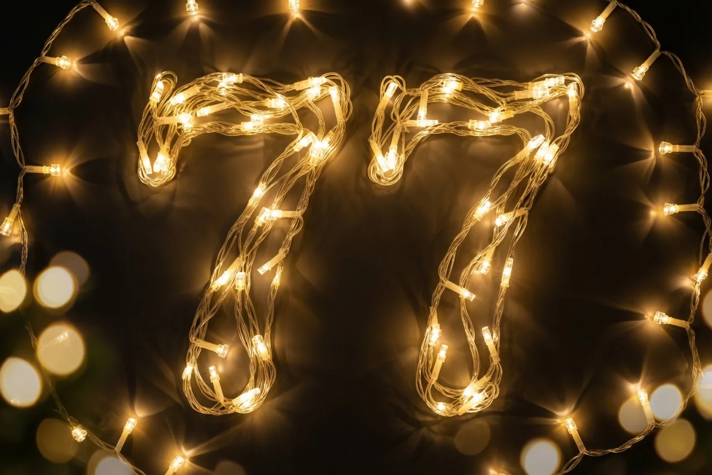 Het getal 77 is gevormd uit warm gloeiende lichtslingers tegen een donkere muur, met onscherpe lichtjes op de achtergrond.