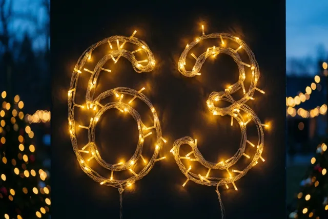 Warme lichtslingers vormen 63 tegen een donkere muur, met onscherpe feestlichtjes op de nachtelijke achtergrond.