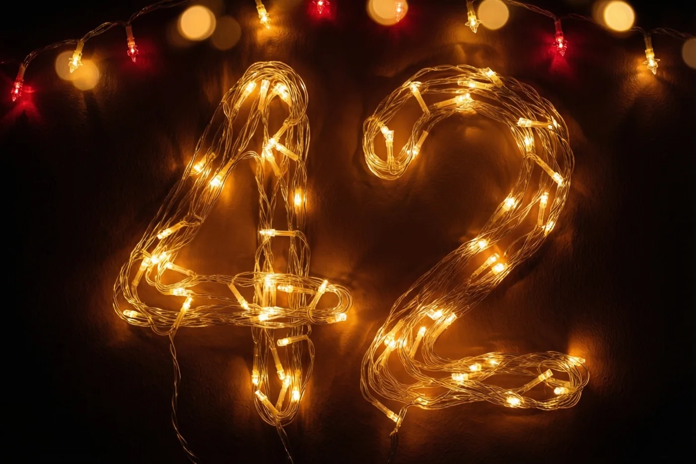 Warme lichtslingers vormen 42 tegen een donkere muur met onscherpe lichtjes op de achtergrond.