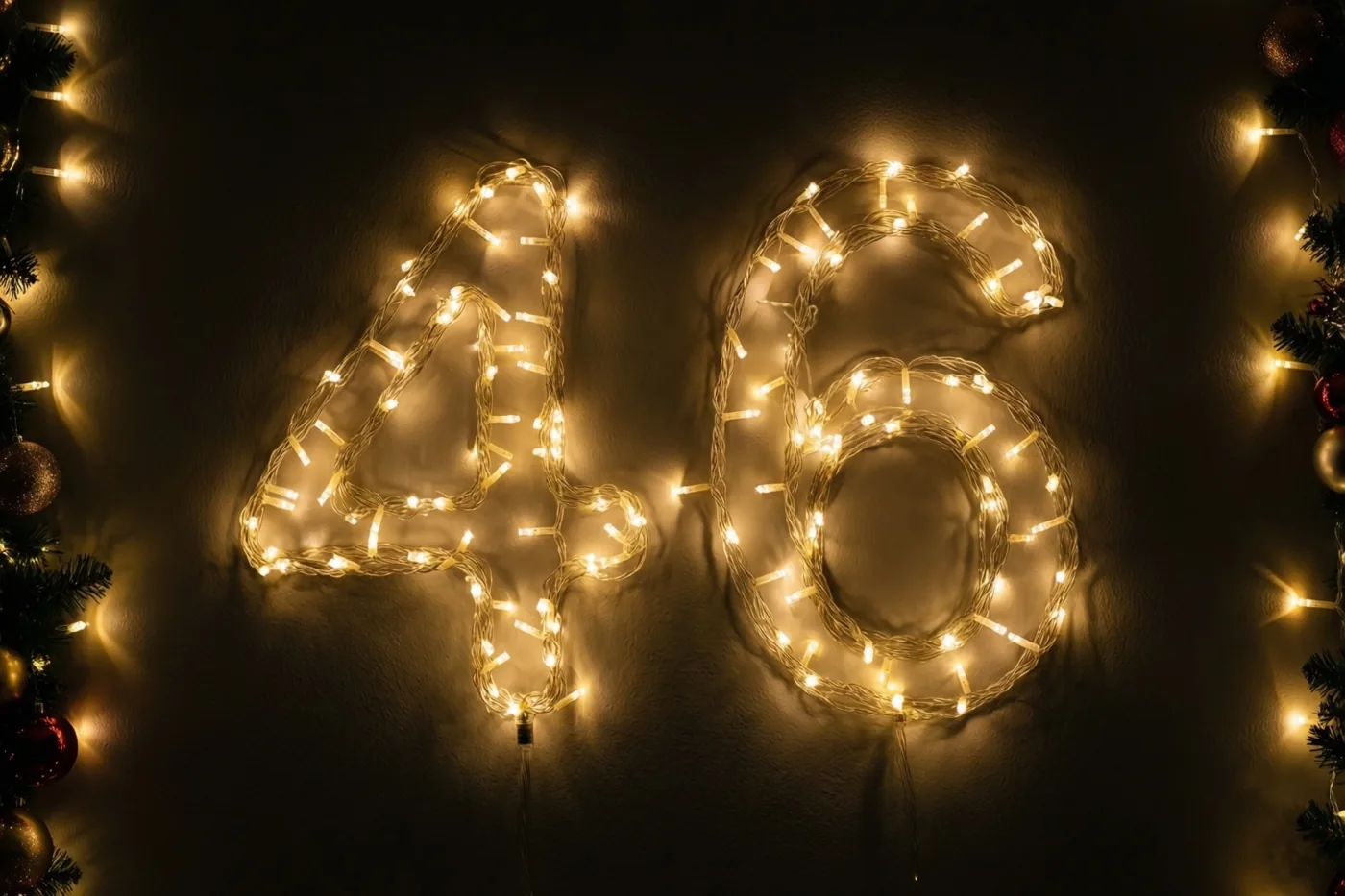 Warme lichtslingers vormen het getal 46 op een donkere muur, omringd door kerstversiering in geel en goud licht.