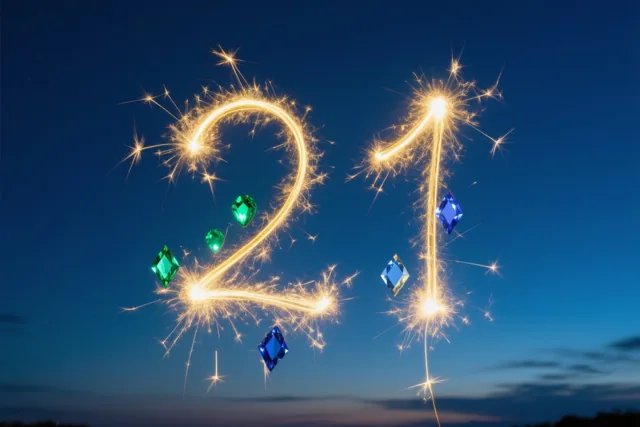 Gouden lichtsporen vormen 21 tegen een diepblauwe schemerlucht, tussen zwevende edelstenen en sterachtige schitteringen.