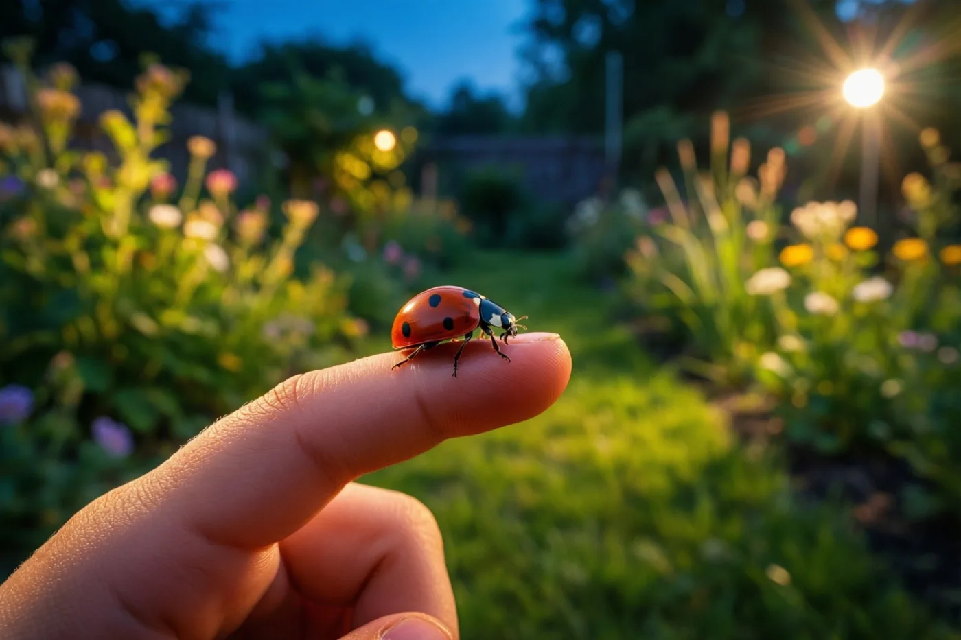 Een rood lieveheersbeestje met zwarte stippen kruipt op een vingertop, met onscherpe bloemen en gras in een zonnige tuin onder een blauwe lucht.
