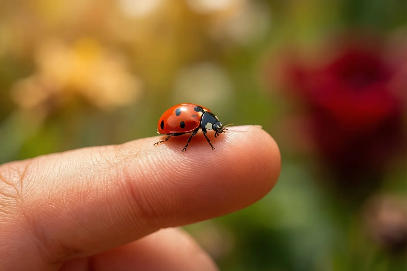 Een rood lieveheersbeestje met zwarte stippen kruipt op een vingertop, tegen een onscherpe zonnige tuinachtergrond in groen, geel en rood.
