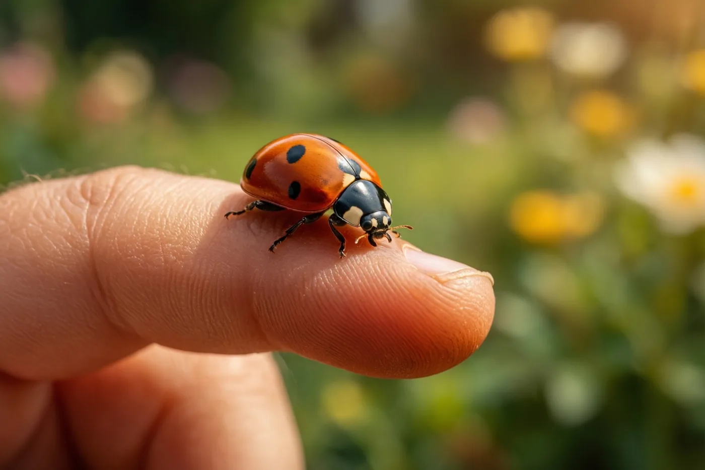 Een lieveheersbeestje kruipt op een vingertop in een zonnige tuin, met oranje, zwarte en groene tinten.