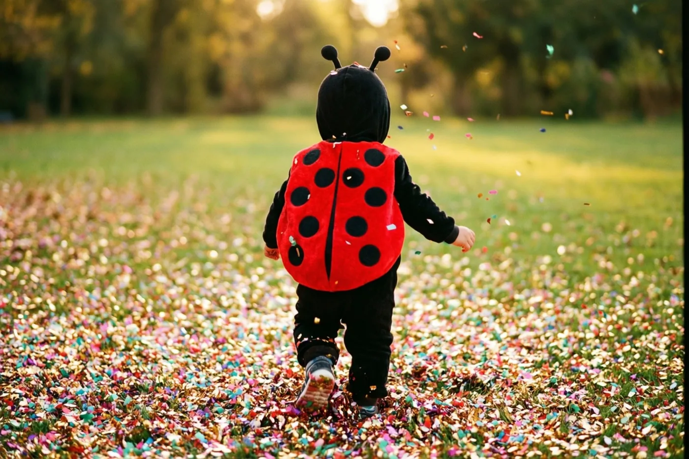Een peuter in een lieveheersbeestjespak loopt van de camera weg over een zonnig grasveld vol kleurrijke confetti, met bomen op de achtergrond.