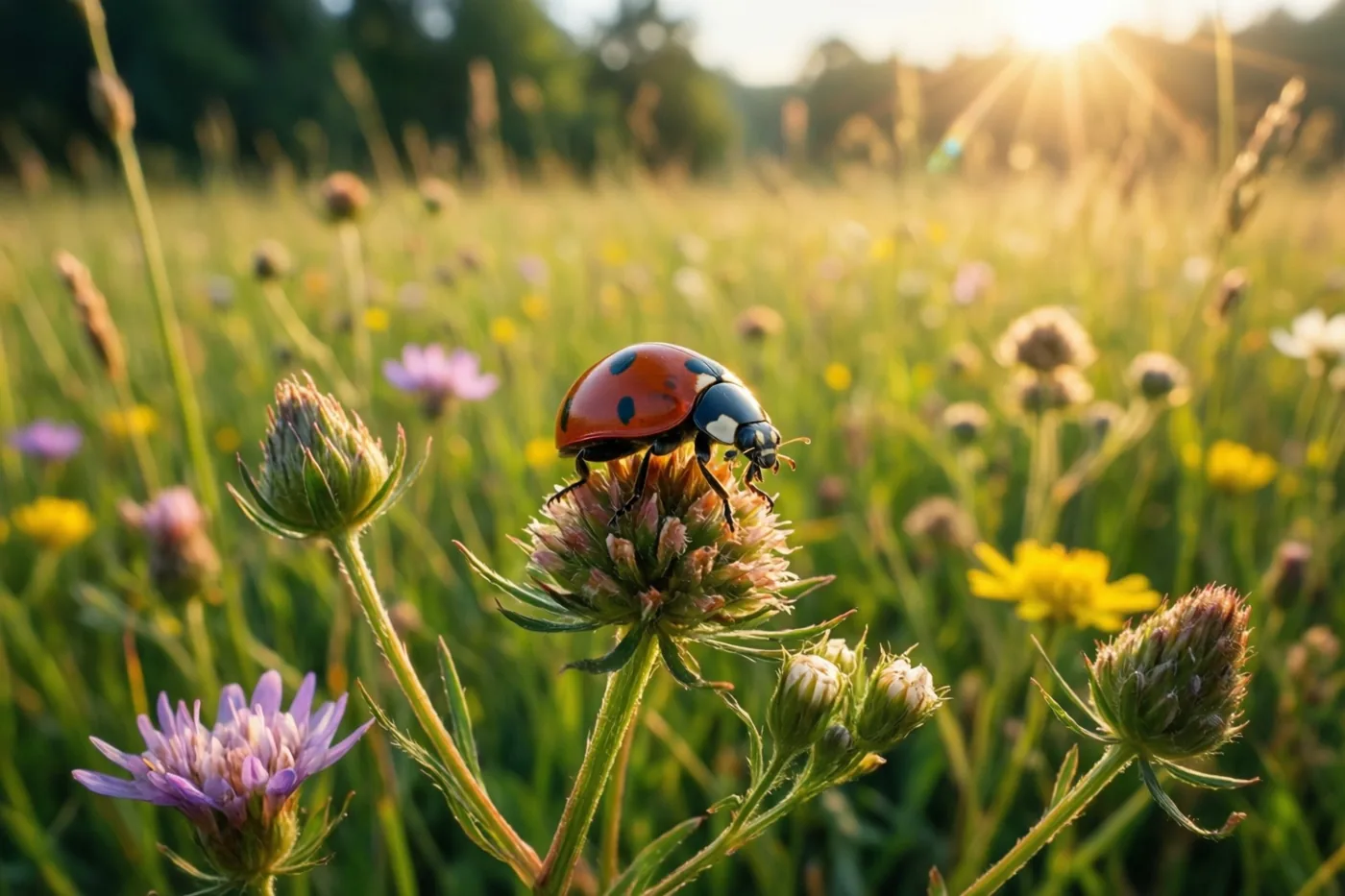 Een lieveheersbeestje met rode en zwarte stippen zit op een groene bloemknop in een zonnige bloemenweide met onscherp gras en kleurrijke bloemen op de achtergrond.
