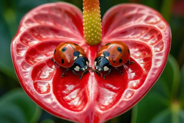 Lieveheersbeestjes delen een bloemenhart