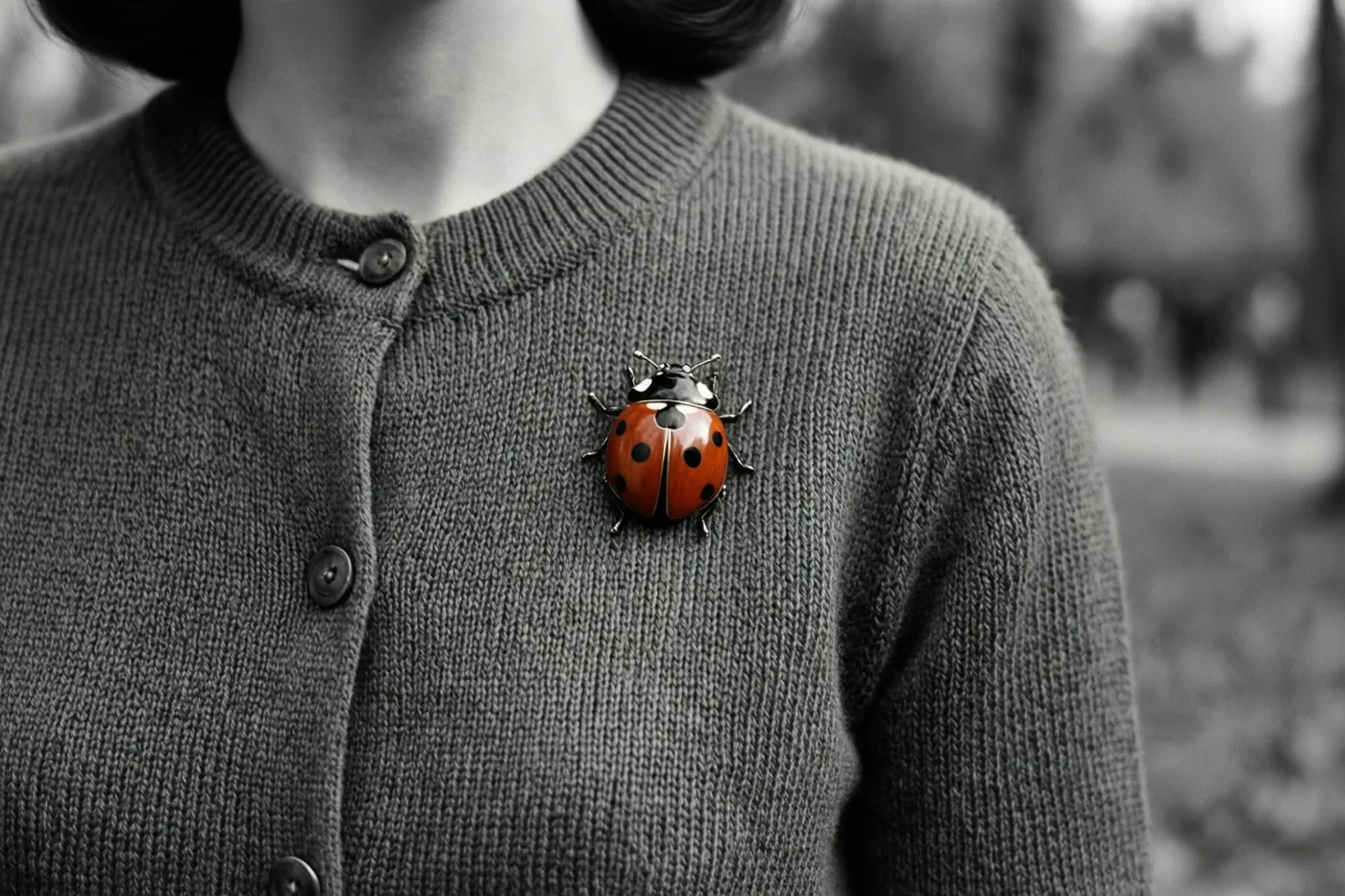 Een rood met zwarte lieveheersbeestjesbroche zit op de borst van een grijs gebreid vest in een verder zwart-wit beeld.
