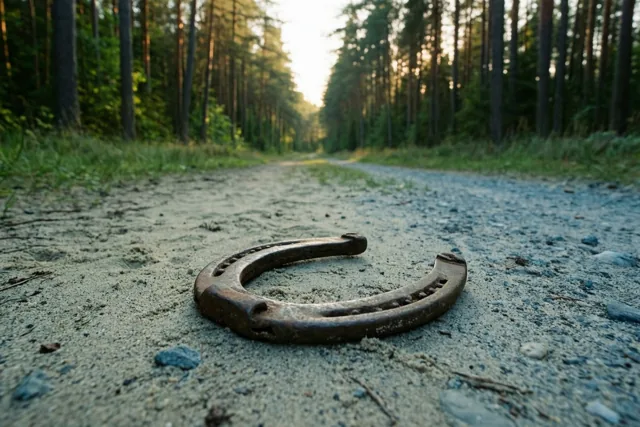 Een oud, roestig hoefijzer ligt op een zanderig bospad tussen hoge bomen waar zonlicht doorheen valt.