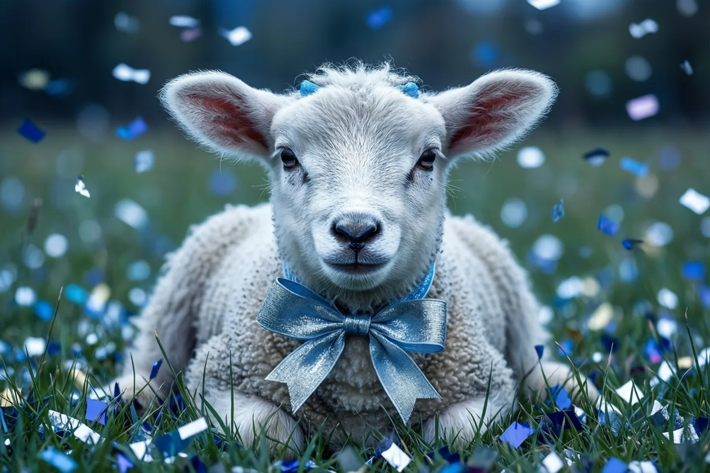 Een pluizig wit lammetje met een blauwe strik om de hals ligt in een grasweide met blauwe en witte confetti.