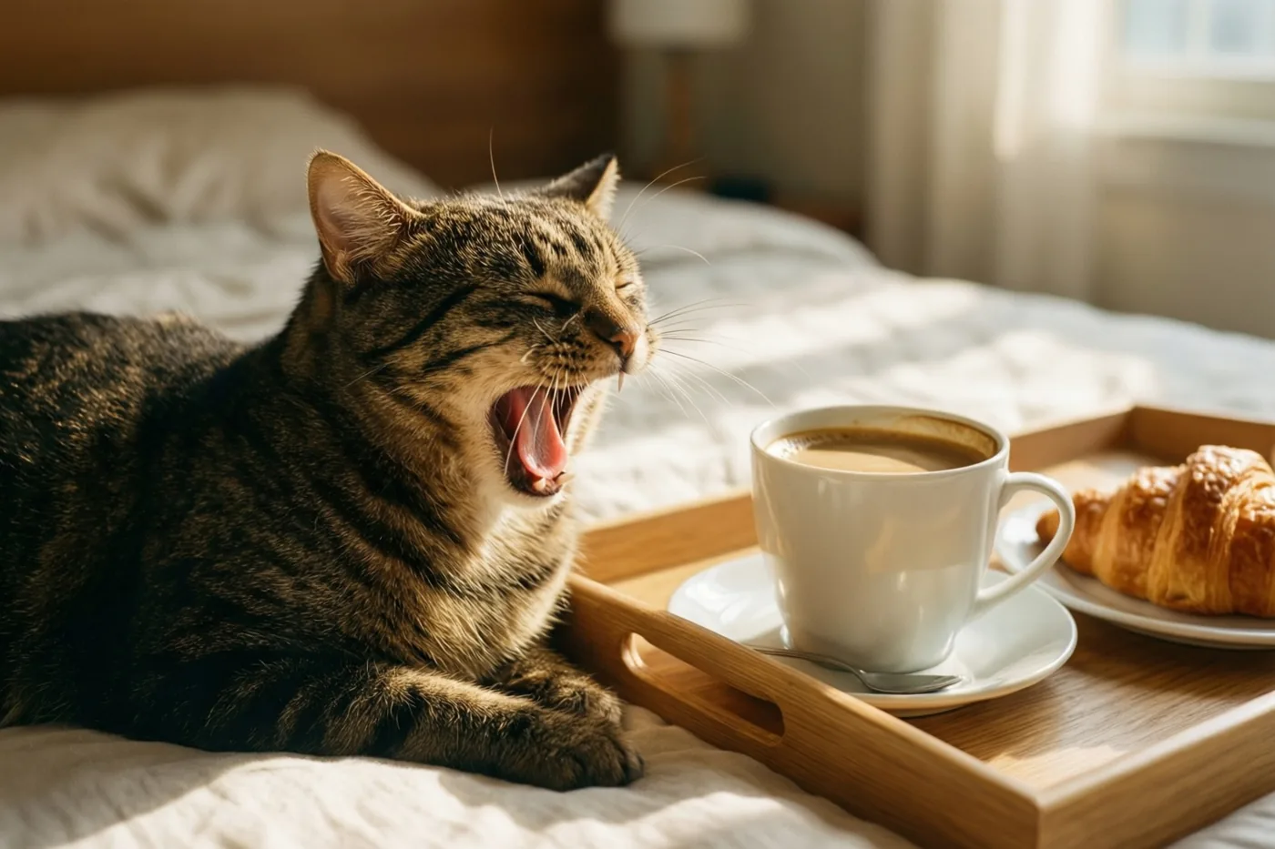 Een gestreepte kat ligt geeuwend op een zonnig bed naast een houten dienblad met een kop koffie en een croissant in warm ochtendlicht.
