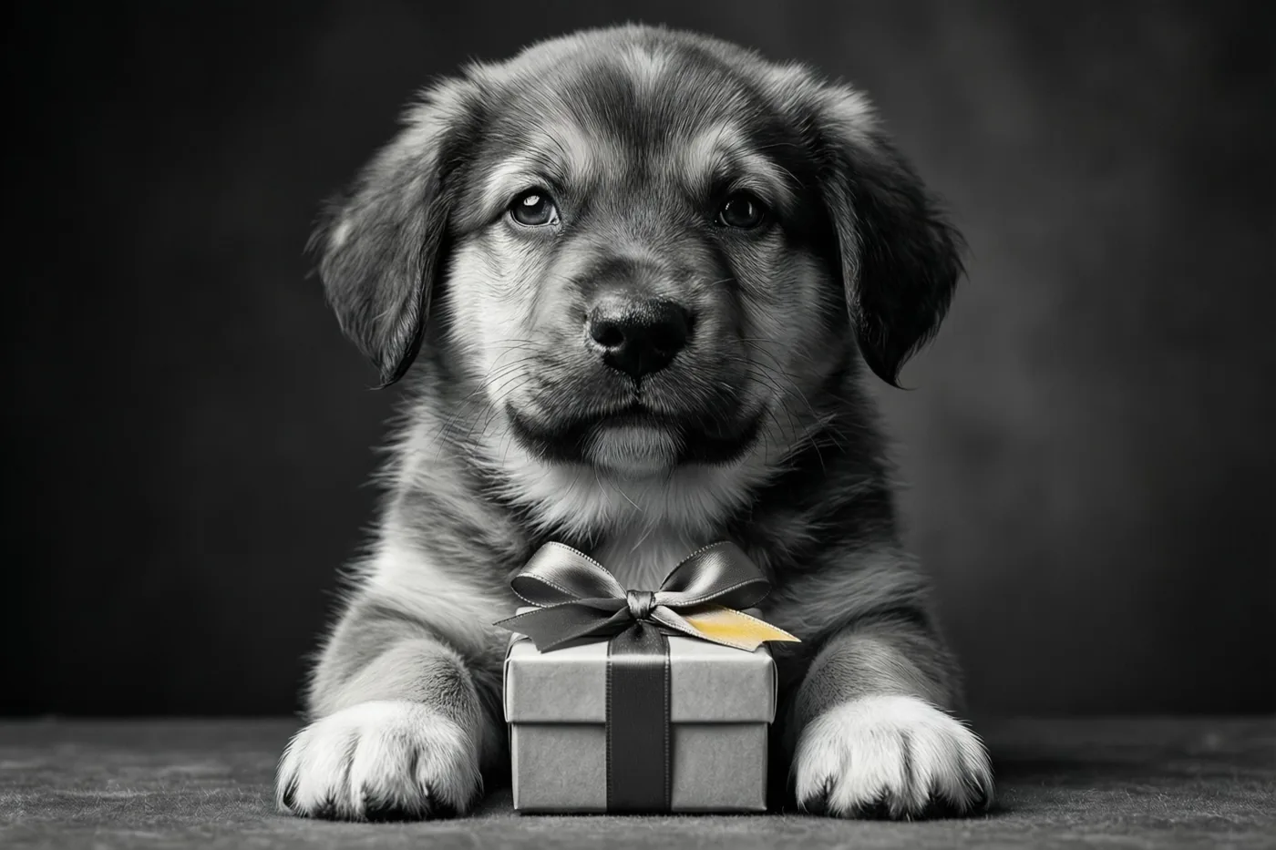 Een puppy ligt met een klein cadeaudoosje tussen de pootjes tegen een donkere, effen achtergrond op een zacht belichte zwart-witfoto.
