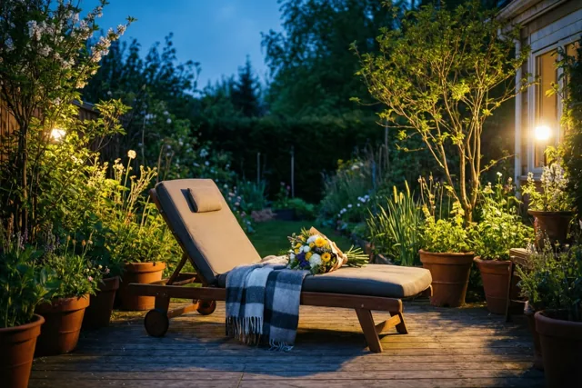Een houten ligstoel met een deken en een boeket staat op een houten terras tussen potplanten en groen, in warm avondlicht onder een blauwe schemerlucht.