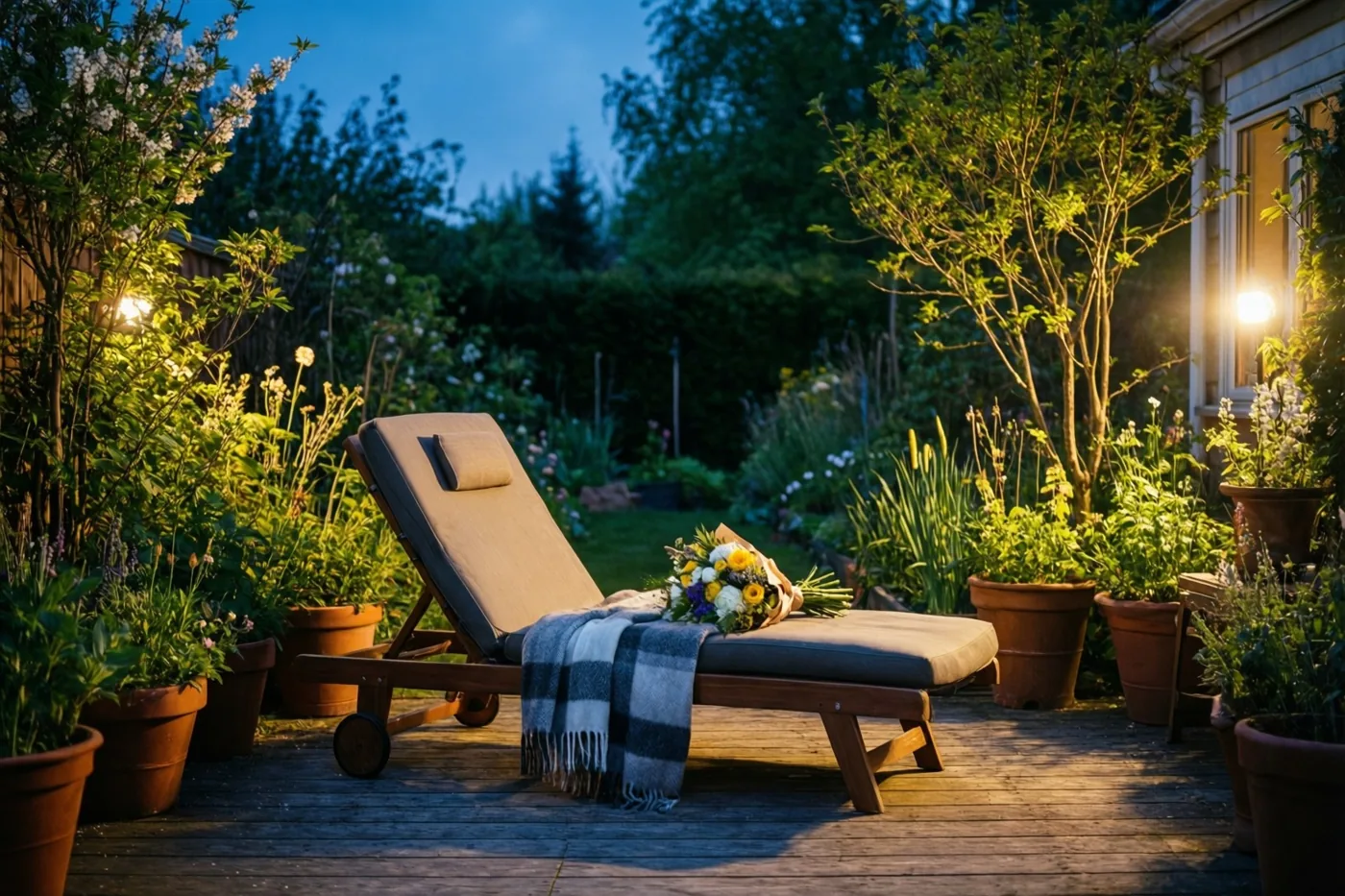 Een houten ligstoel met een deken en een boeket staat op een houten terras tussen potplanten en groen, in warm avondlicht onder een blauwe schemerlucht.
