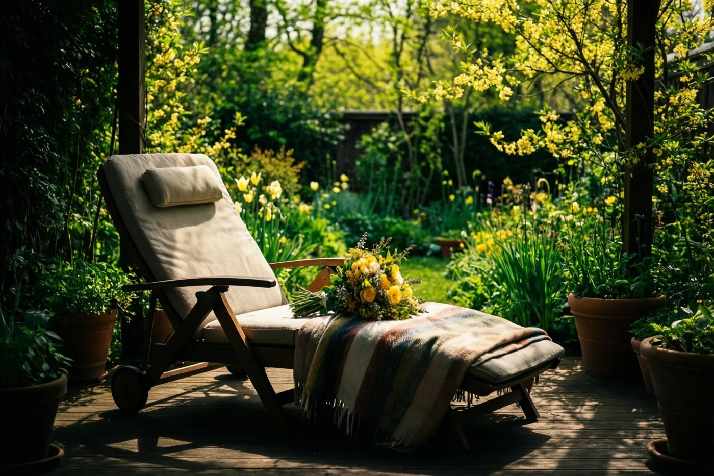 Een houten ligstoel met een beige kussen en een gestreepte deken staat op een zonnig houten terras tussen weelderig groen en gele bloemen.