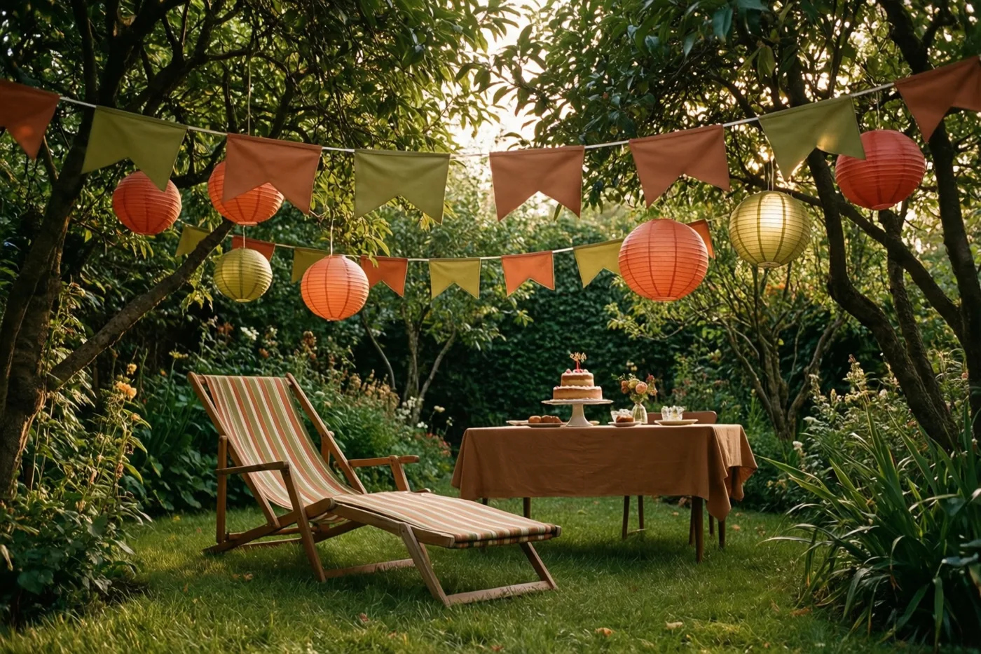 Een gestreepte ligstoel en een tafel met taart staan onder bomen op het gras, met vlaggetjes en papieren lampionnen in warme oranje, groene en bruine tinten.
