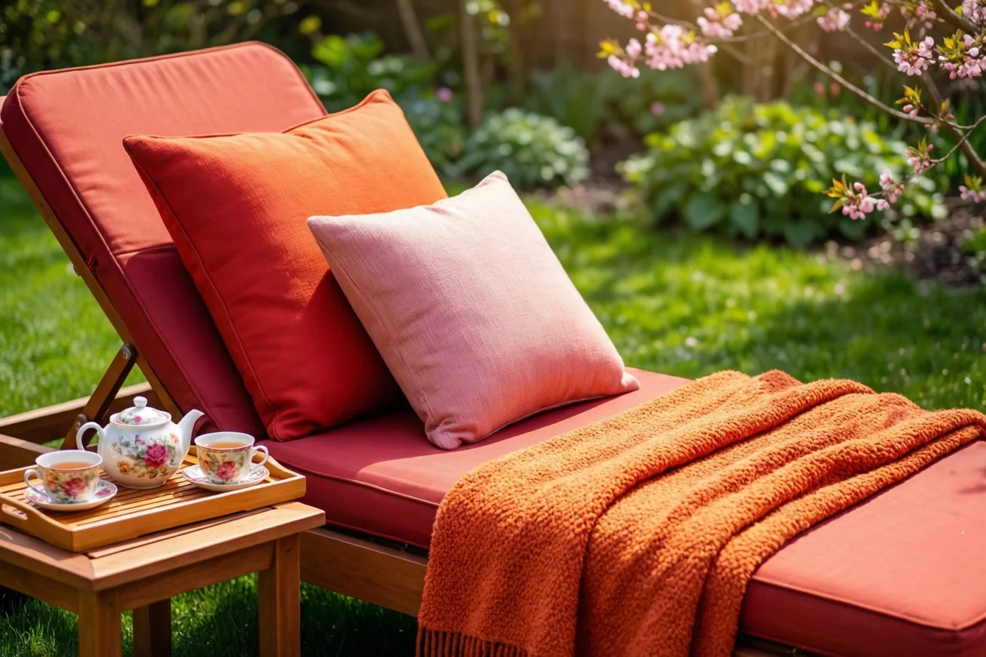 Een tuinligstoel met oranje en roze kussens en een oranje deken staat op het gras onder roze kersenbloesems, met ernaast een houten dienblad met een gebloemde theepot en twee kopjes.