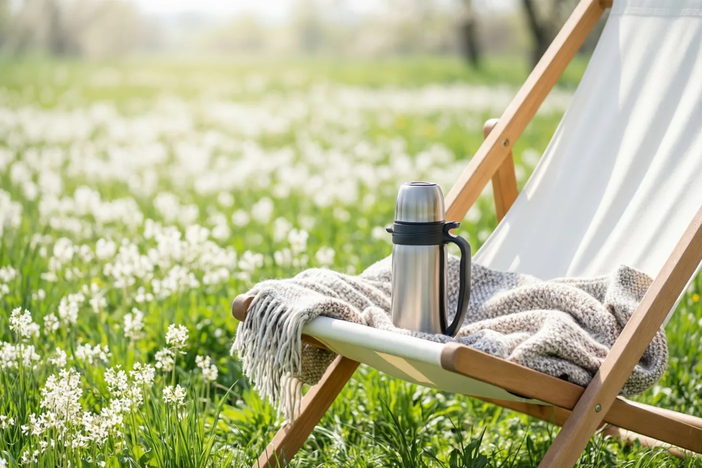 Een houten ligstoel met een gebreide wollen deken en een roestvrijstalen thermos staat in een zonnig veld vol witte bloemen.