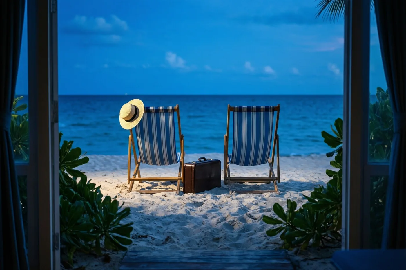 Door een open deuropening met gordijnen zijn twee blauwwit gestreepte ligstoelen, een strohoed en een half ingegraven bruine aktetas op het strand te zien, met de zee en een schemerhemel erachter.