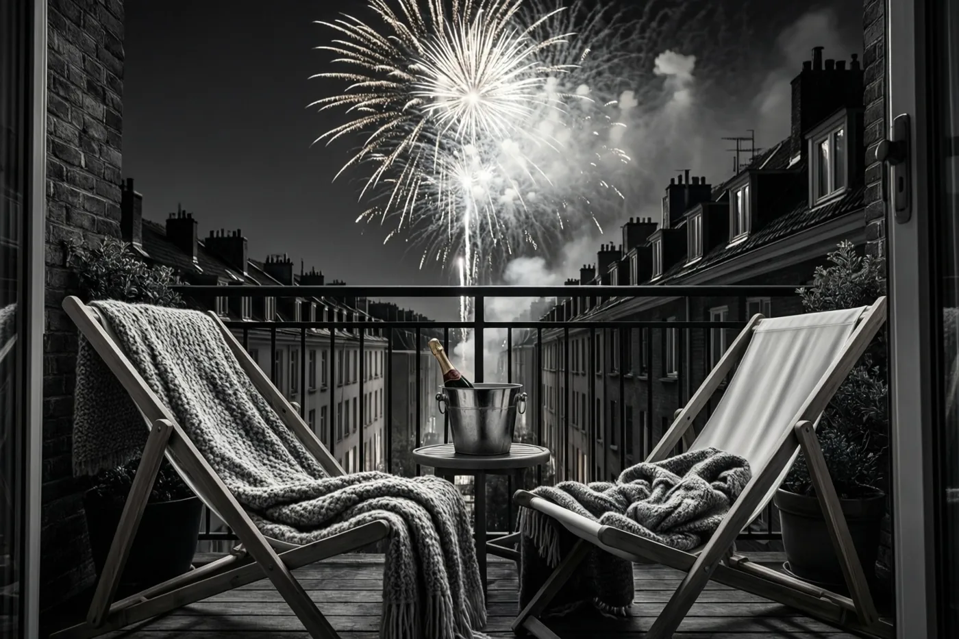 Een zwart-witfoto toont door een deuropening twee ligstoelen met wollen dekens op een balkon, gericht naar vuurwerk boven de stadsdaken.
